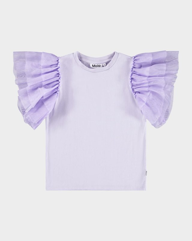 Girl's Robyn Tulle-Sleeve Cotton T-Shirt, Size 8-